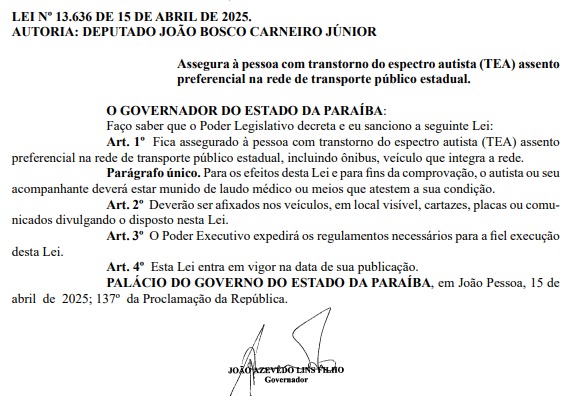 Trecho da Lei 13.636/2025 sobre assento preferencial autistas no transporte p&uacute;blico
