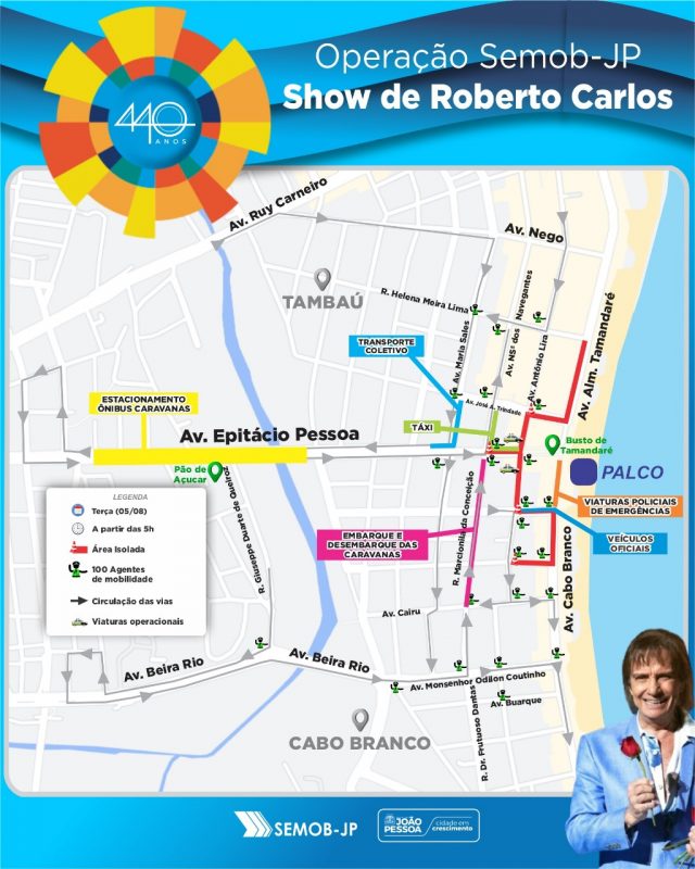 Mapa da operação de trânsito para o show de Roberto Carlos em João Pessoa