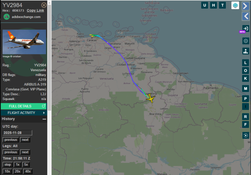 Foto: Avião oficial da Venezuela viaja para a fronteira com o Brasil • Reprodução/ADSB Exchange