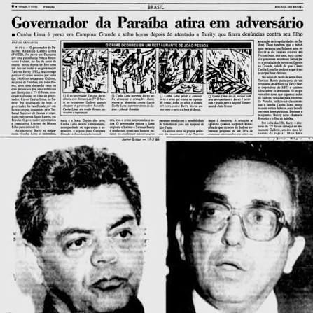 Manchete de jornal expondo o atentado Ronaldo Cunha Lima contra Tarcísio Burity