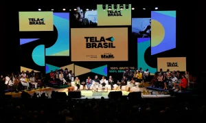 Presidente Lula participa do lançamento da plataforma Tela Brasil ao lado da ministra Margareth Menezes na Cidade das Artes, no Rio de Janeiro.