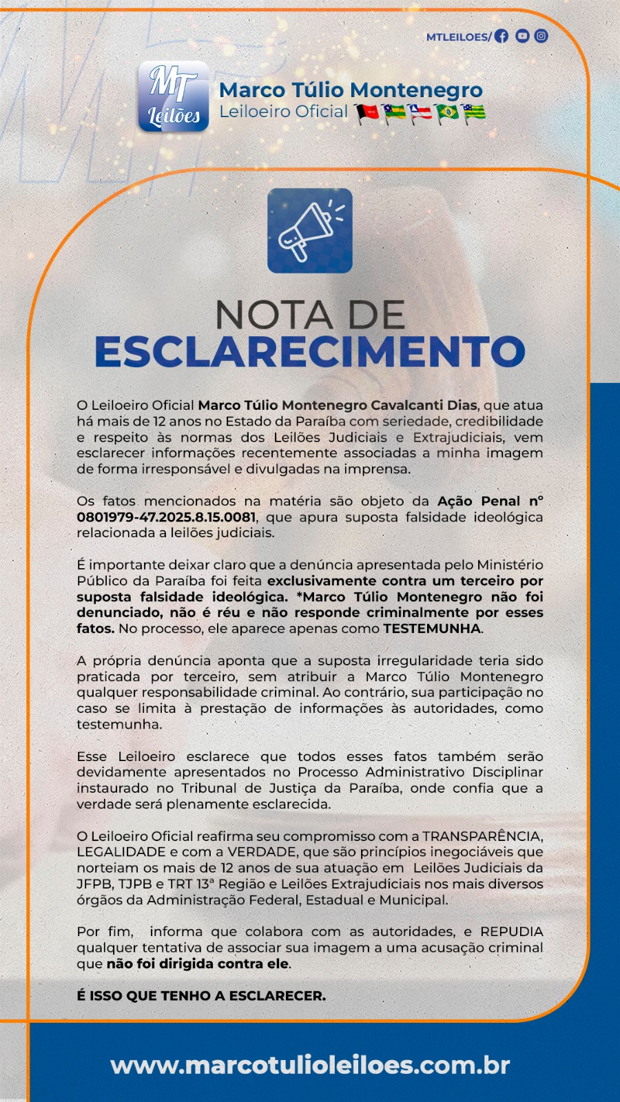 Nota de esclarecimento do leiloeiro Marco Túlio