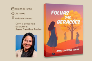 Escritora Anne Caroline Rocha durante lançamento do livro "Folhas das Gerações"