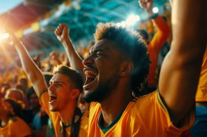 Torcedores comemoram gol em arquibanca de estádio da Copa