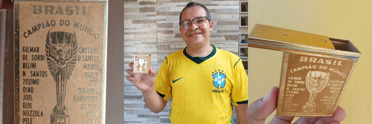 Porta-cigarros comemorativo da conquista do Brasil na Copa do Mundo de 1958 com imagem da taça Jules Rimet e nomes dos jogadores campeões.