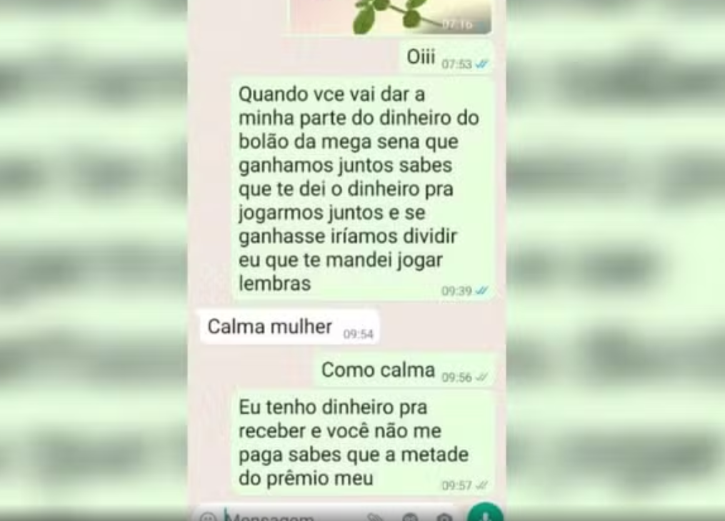 Acordo em conversa sobre Mega-Sena representando decisão judicial sobre divisão de prêmio de bolão.