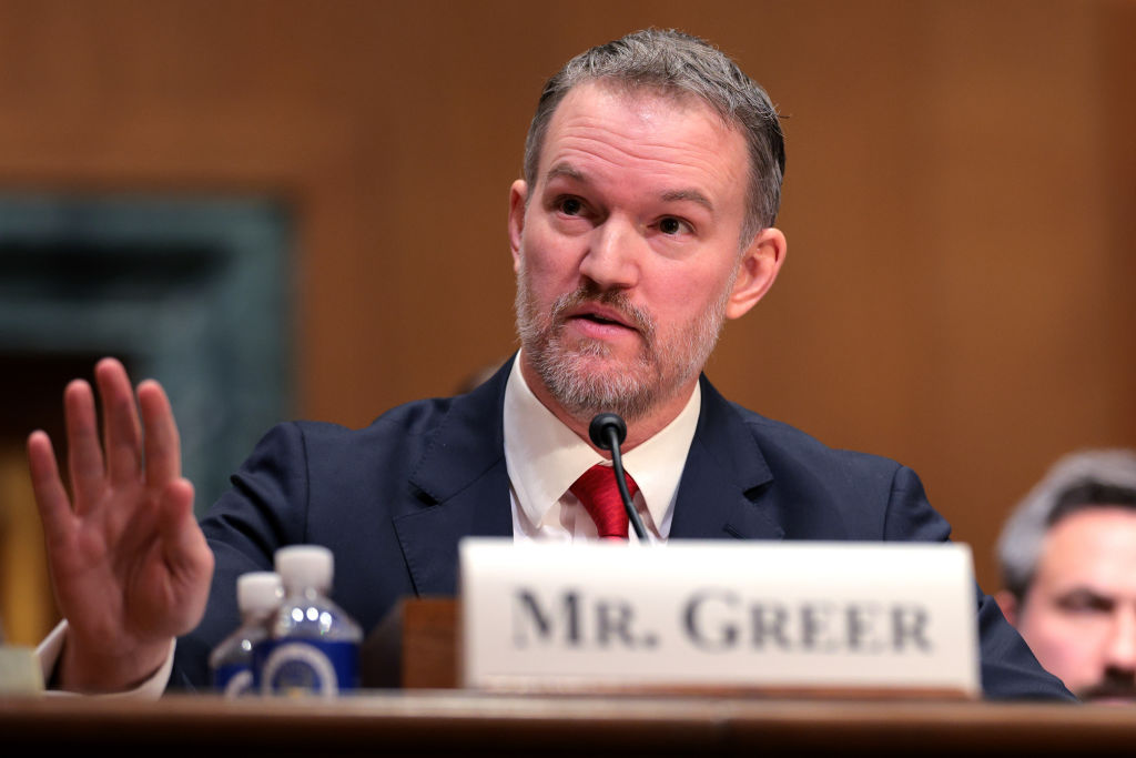 WASHINGTON, DC - FEBRUARY 06: Jamieson Greer, President Donald Trump's nominee to be the U.S. Trade Representative, testifies during his Senate Finance Committee confirmation hearing at the Dirksen Senate Office on February 06, 2025 in Washington, DC. Greer, who served as chief of staff to U.S. President Donald Trump's former U.S. Trade Representative Robert Lighthizer, defended the Trump Administrations use of tariffs in the second term.