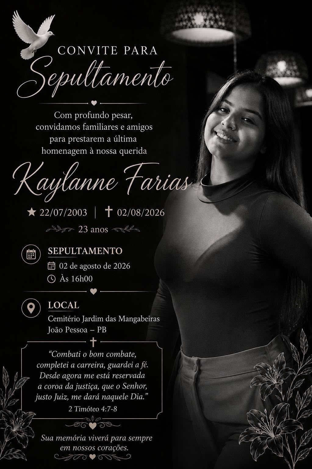 Imagem de luto em homenagem a Kaylanne Farias.
