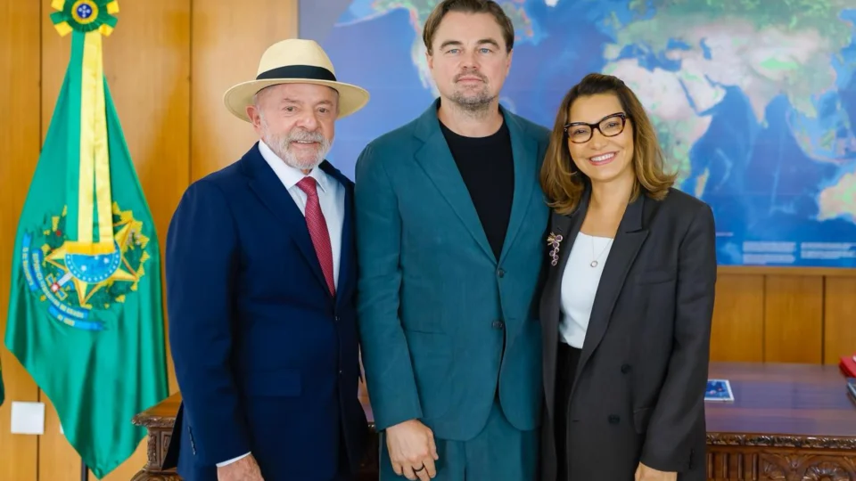 Lula, Janja e Leonardo DiCaprio durante encontro no Palácio do Planalto