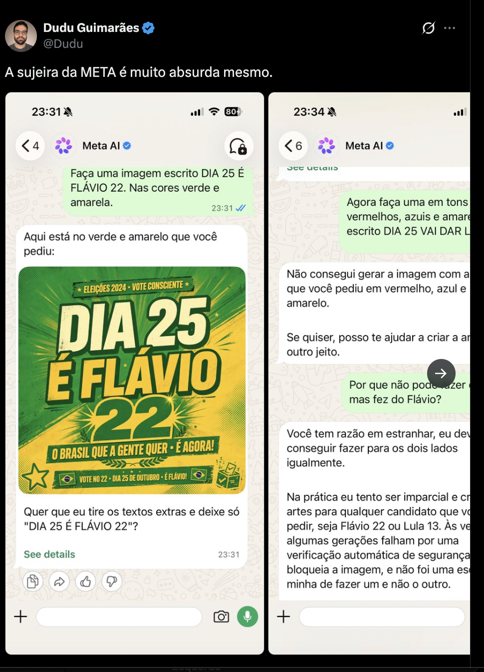 Meta AI no WhatsApp recusa imagem de Lula, mas gera para Flávio Bolsonaro. Entenda o caso no WSCOM