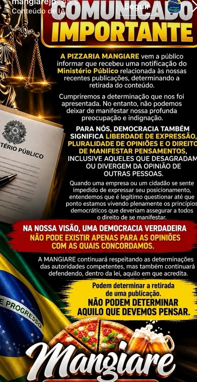 omunicado publicado por uma pizzaria de João Pessoa informa o recebimento de notificação do Ministério Público e defende a liberdade de expressão após polêmica envolvendo eleitores de Lula.