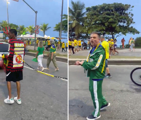 Homem negro é conduzido por corrente durante ato pró-Flávio Bolsonaro